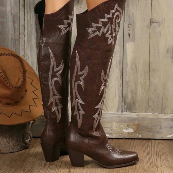 Women's Fashionable Embroidery Detail Outdoor Riding Boots, Western Style, Autum - Picture 2 of 8